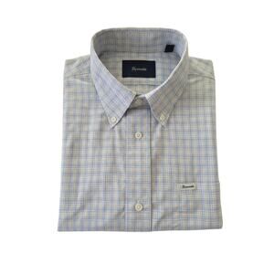 Faconnable Classique Short Sleeve Button Shirt L Blue Yellow Check 100% Cotton